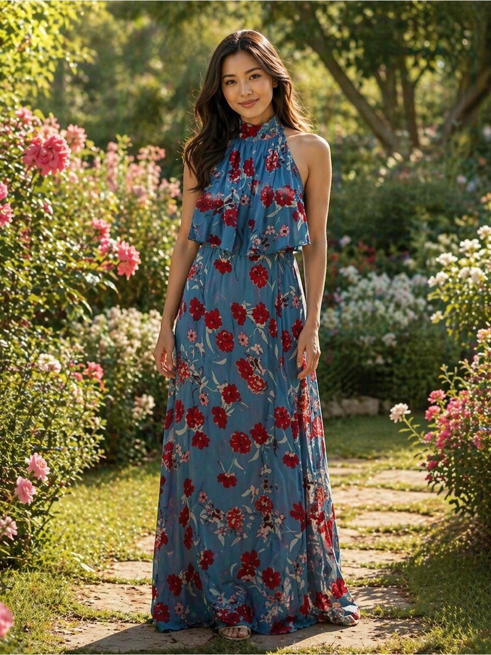 Plum Pretty Sugar Blue Maxi Dress with Red Floral Print